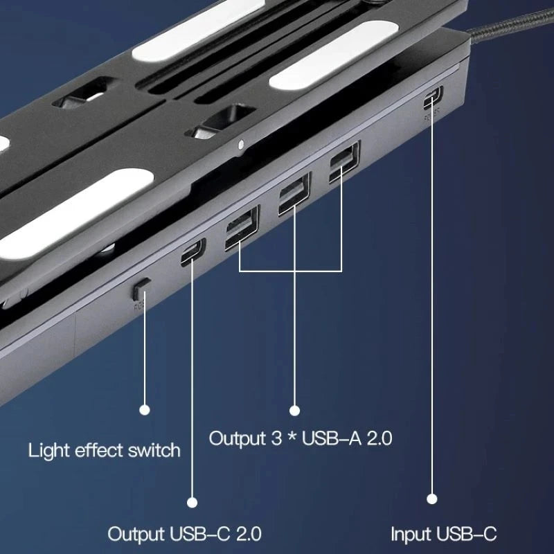 RGB Laptop Stand Adjustable 6 Gear Height Heat Dissipation USB Type-c Hub Ergonomic Notebook Holder for MacBook Tablet Phone
