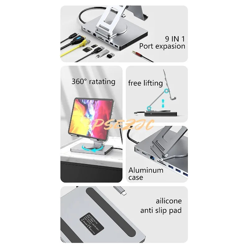 eprolo 4K/60Hz Gigabit Ethernet port USB 3.0 splitter hub with flat panel rotary stand and Type-C docking station setup.
