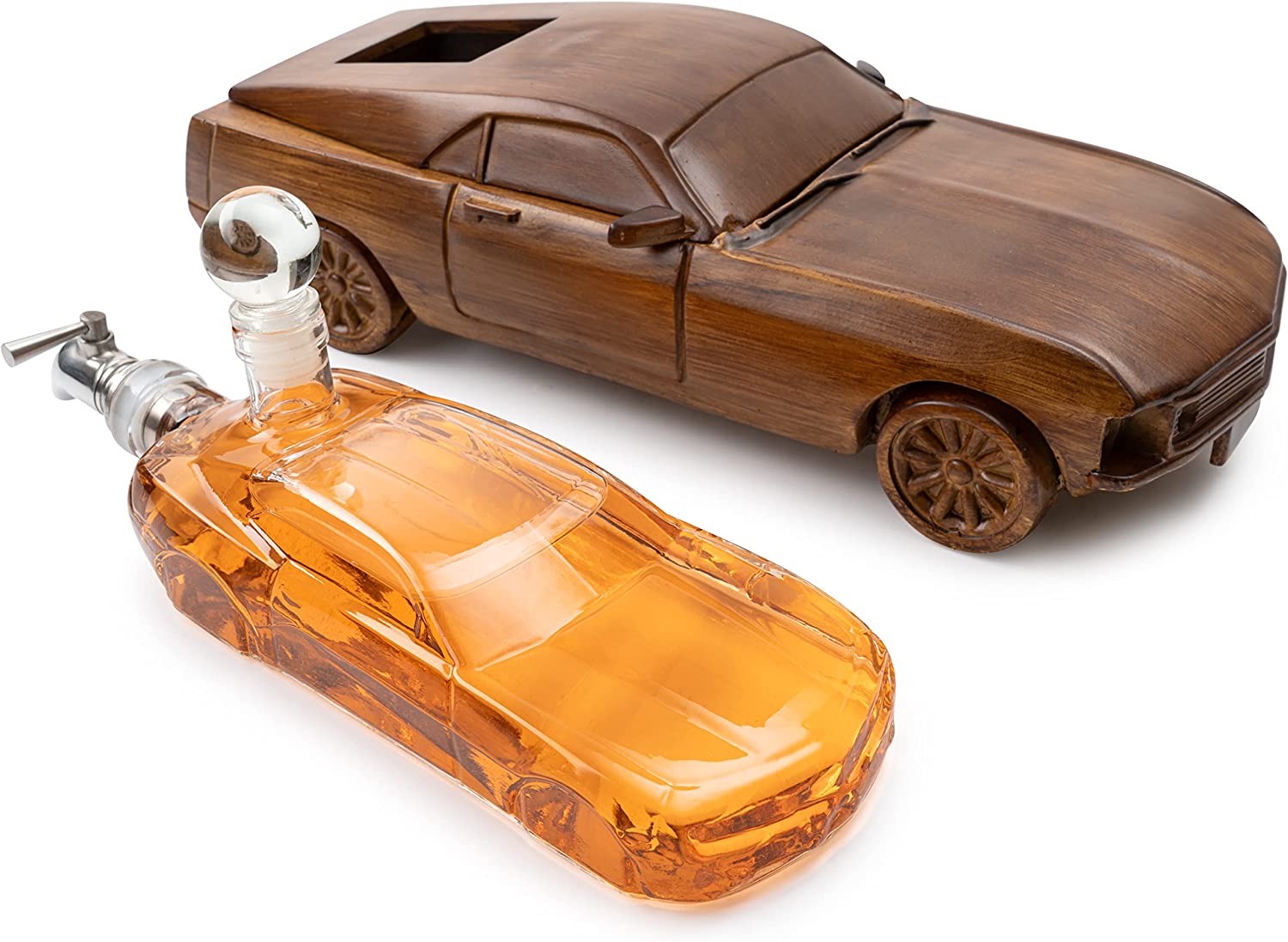 Mustang Car Wine & Whiskey Decanter Set 500ml by The Wine Savant 13" L - Ford Mustang Gifts, Ford Gifts, Wooden Car Figurine, Fastback Maisto Mustang Shelby Car Gifts, Bar Gifts, Parties, Birthdays-4