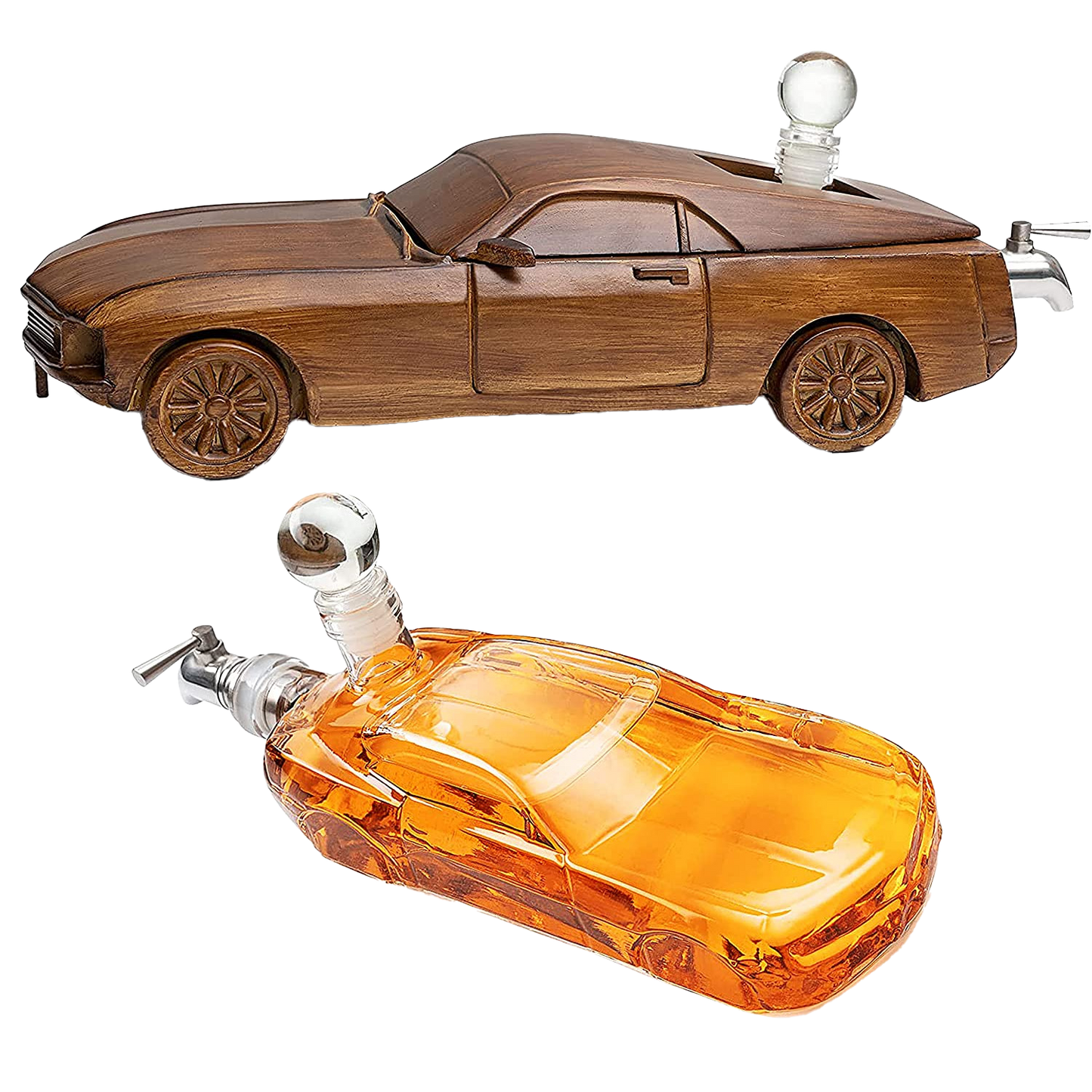 Mustang Car Wine & Whiskey Decanter Set 500ml by The Wine Savant 13" L - Ford Mustang Gifts, Ford Gifts, Wooden Car Figurine, Fastback Maisto Mustang Shelby Car Gifts, Bar Gifts, Parties, Birthdays-0