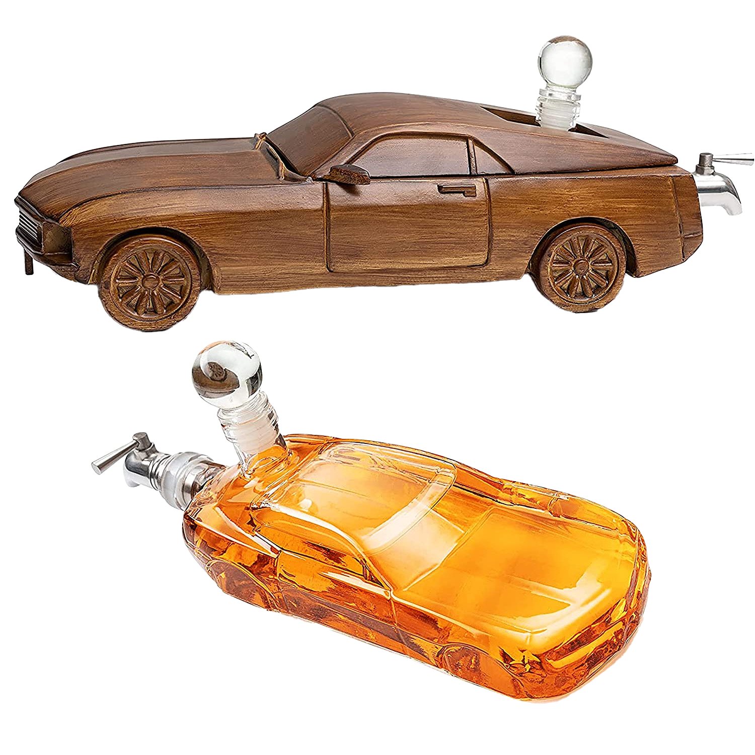 Mustang Car Wine & Whiskey Decanter Set 500ml by The Wine Savant 13" L - Ford Mustang Gifts, Ford Gifts, Wooden Car Figurine, Fastback Maisto Mustang Shelby Car Gifts, Bar Gifts, Parties, Birthdays-0