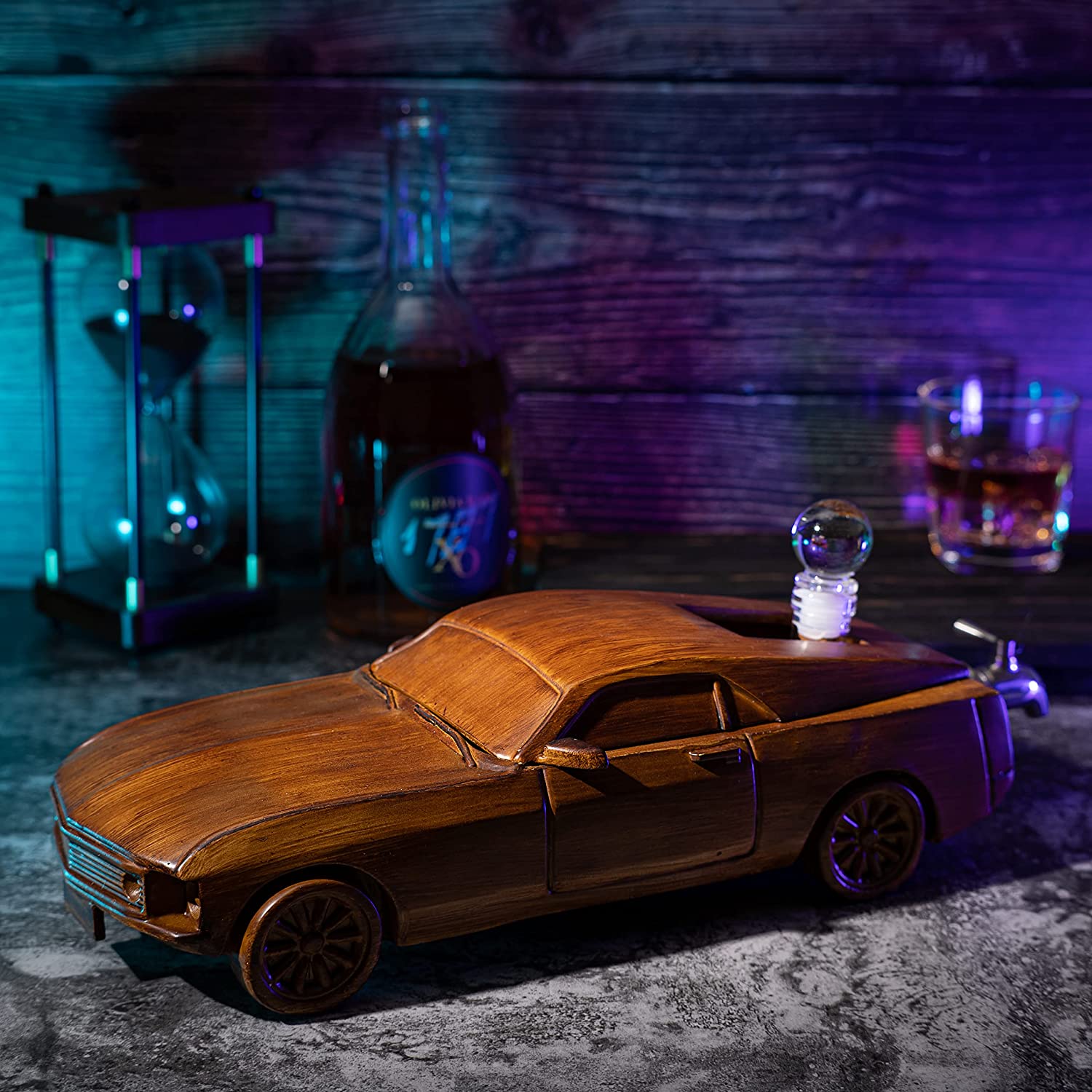 Mustang Car Wine & Whiskey Decanter Set 500ml by The Wine Savant 13" L - Ford Mustang Gifts, Ford Gifts, Wooden Car Figurine, Fastback Maisto Mustang Shelby Car Gifts, Bar Gifts, Parties, Birthdays-1