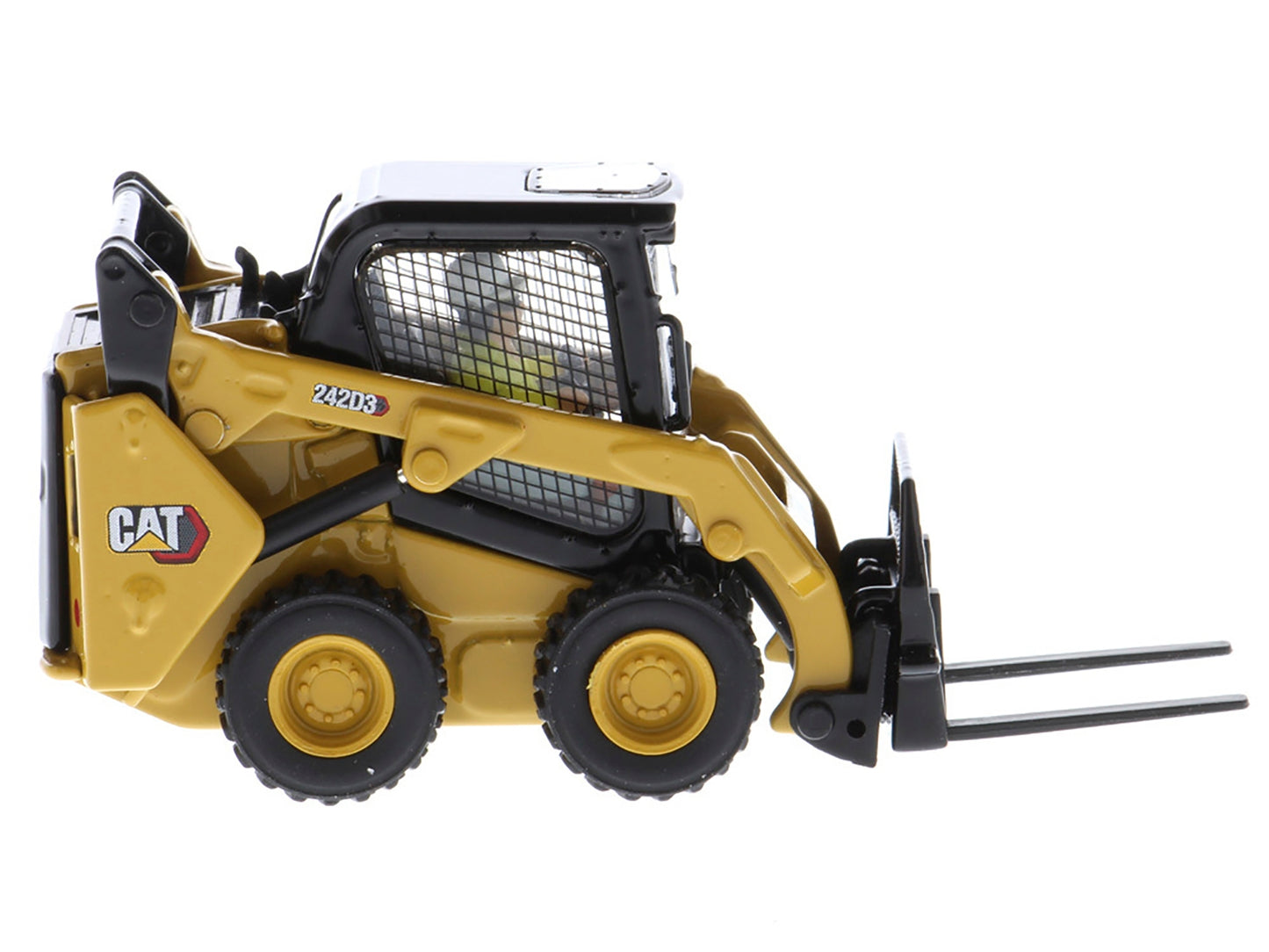 Diecast Masters 1/50 scale CAT Caterpillar 242D3 wheeled skid steer loader diecast model with work tools, yellow High Line Series.