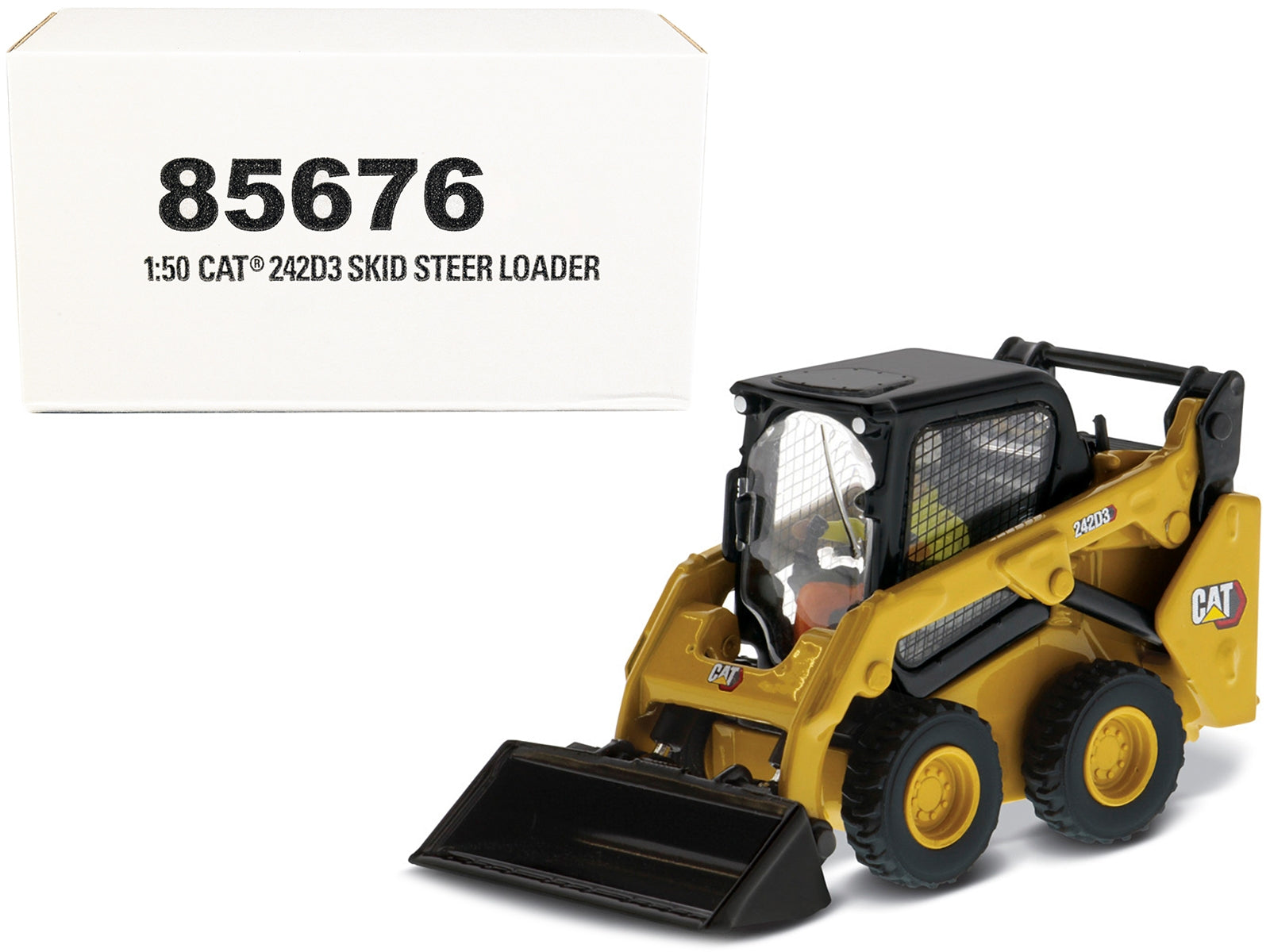 Diecast Masters CAT Caterpillar 242D3 Wheeled Skid Steer Loader diecast model in yellow with work tools, high line series, detailed replica