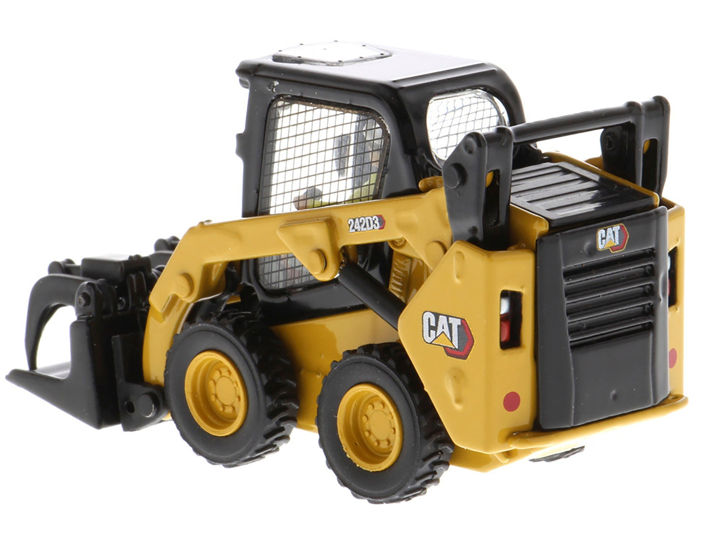 Diecast Masters Caterpillar 242D3 Wheeled Skid Steer Loader construction model in yellow with work tools, detailed diecast replica.