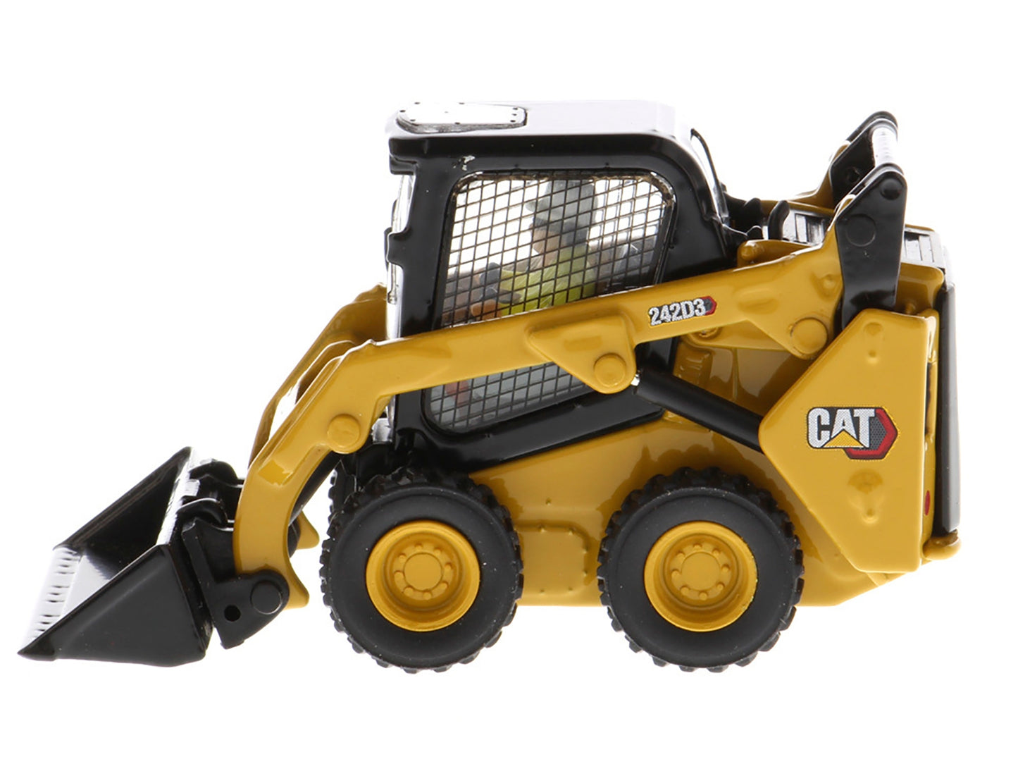 Diecast Masters Caterpillar 242D3 Wheeled Skid Steer Loader model in yellow with work tools, detailed construction diecast model.