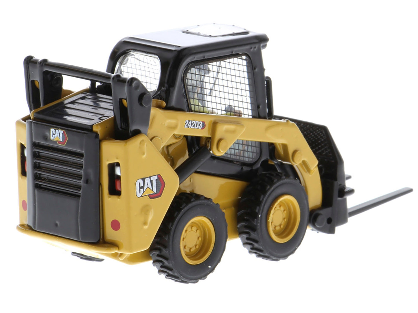 Diecast Masters CAT Caterpillar 242D3 wheeled skid steer loader diecast model in yellow with work tools, part of High Line Series.