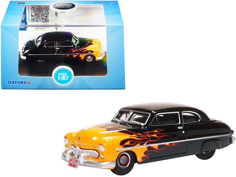 1949 Mercury Coupe "Hot Rod" Black and Yellow with Flames 1/87 (HO) Scale Diecast Model Car by Oxford Diecast-0