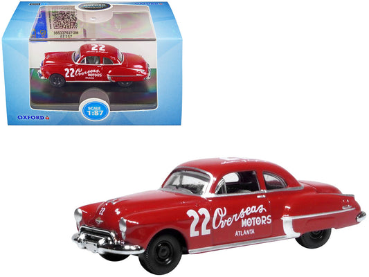 1949 Oldsmobile Rocket 88 Coupe #22 "Overseas Motors Atlanta" Red 1/87 (HO) Scale Diecast Model Car by Oxford Diecast-0
