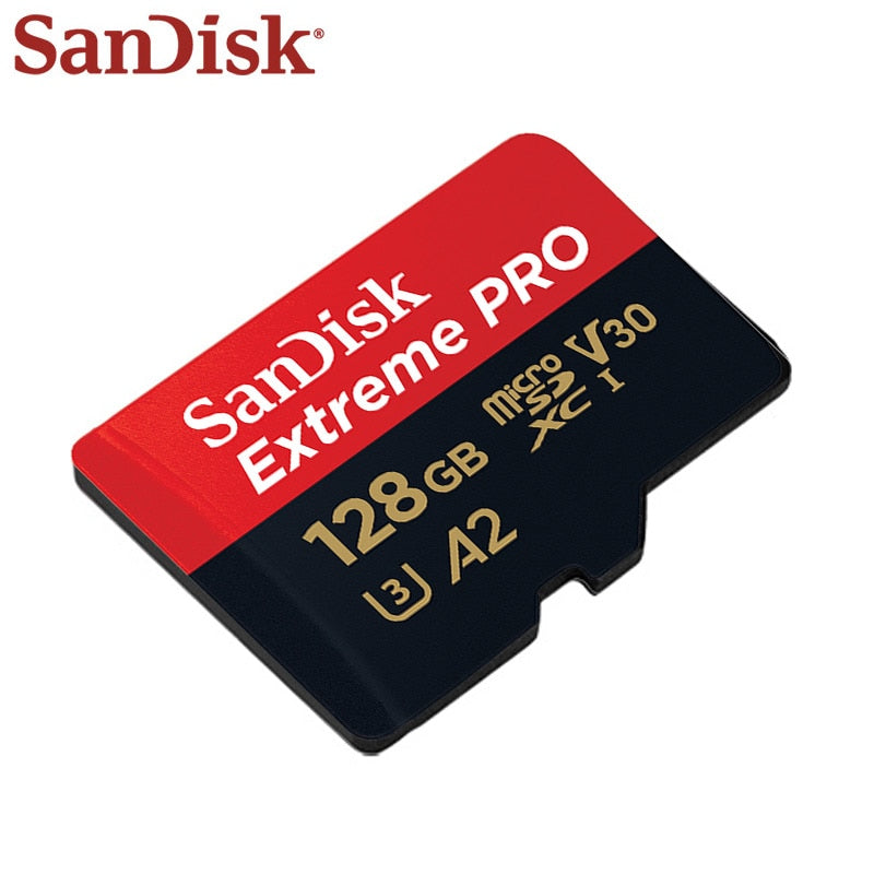Sandisk Extreme Pro Micro SD Card with SD adapter, 64GB or 128GB, showing the card and packaging for high-speed storage.