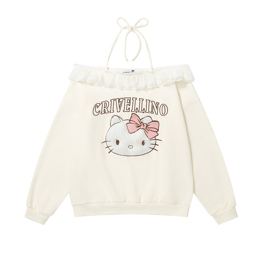 Cute Kitty Cat Off-Shoulder Hoodie for Women Tie Detail, Sweet and Edgy Casual Top