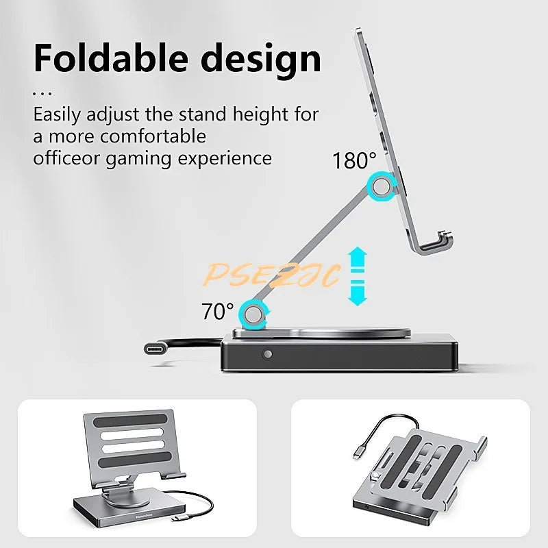 eprolo 4K/60Hz Gigabit Ethernet port USB 3.0 splitter hub with flat panel rotary stand, Type-C docking station for laptops and desktops