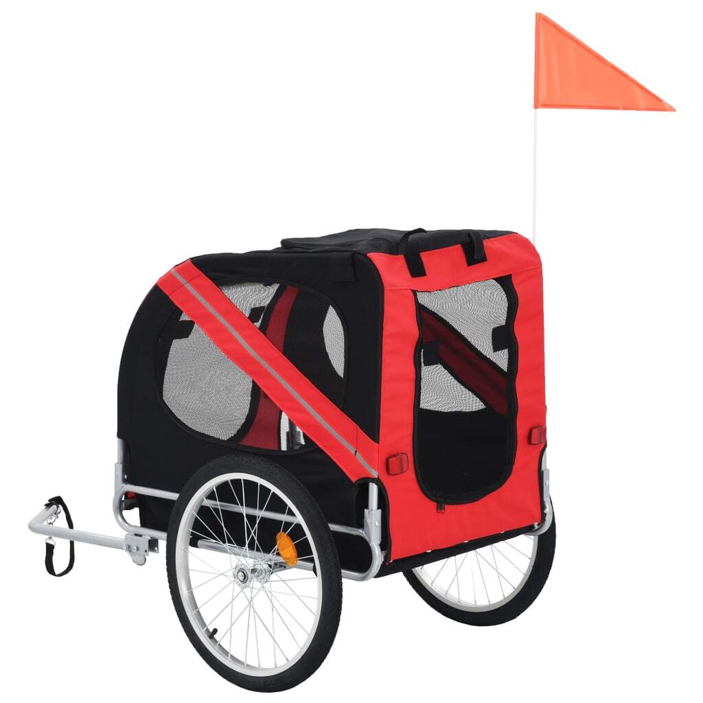 Red and black American Smart pet bike trailer designed as a pet stroller, suitable for transporting small animals on outdoor rides.