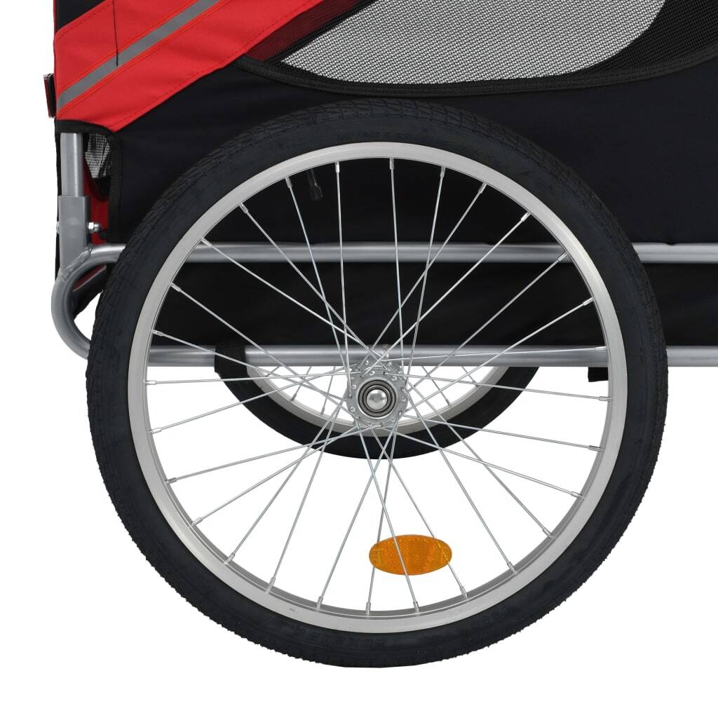Red and black American Smart pet bike trailer attached to a bicycle, designed for safe and comfortable pet transportation.