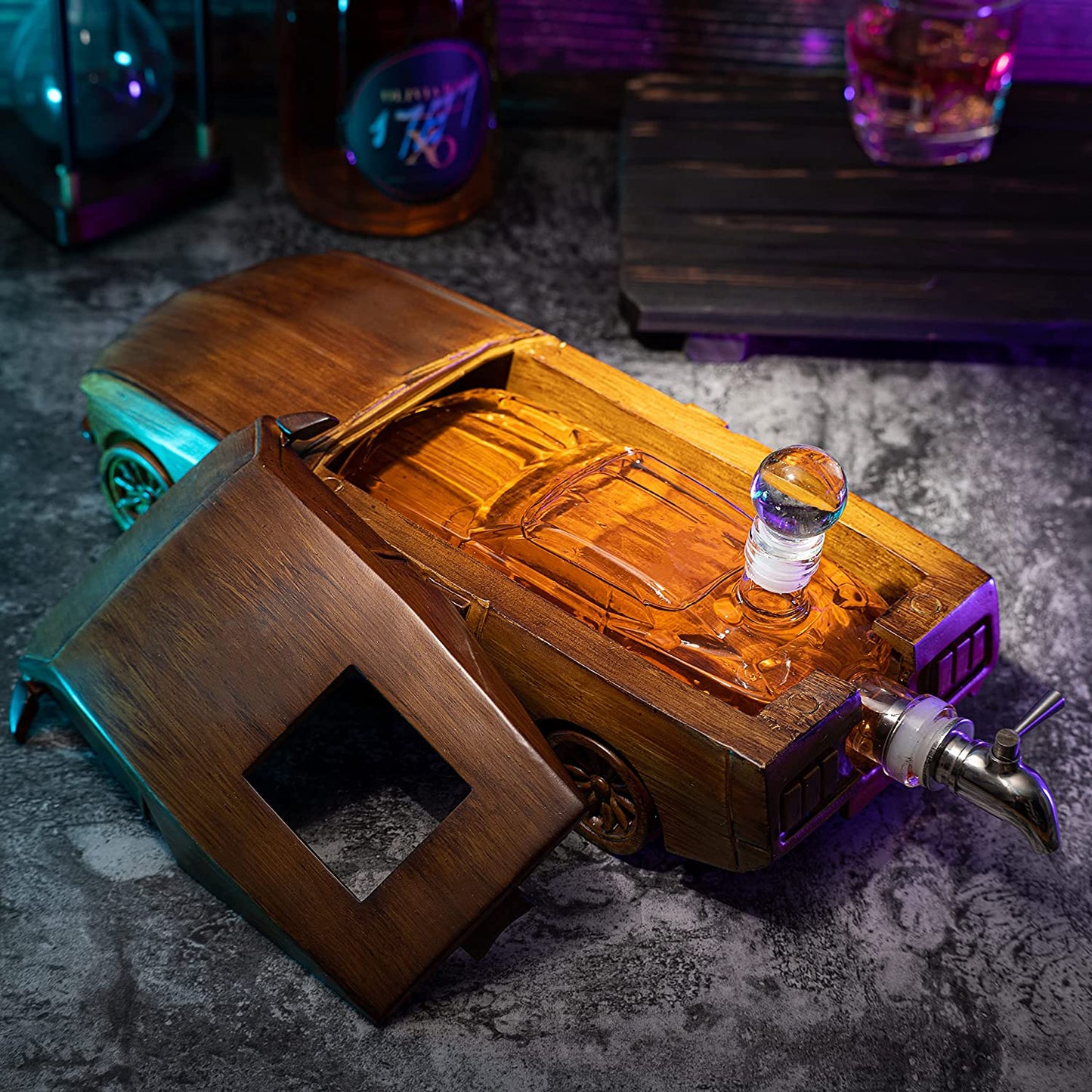 Mustang Car Wine & Whiskey Decanter Set 500ml by The Wine Savant 13" L - Ford Mustang Gifts, Ford Gifts, Wooden Car Figurine, Fastback Maisto Mustang Shelby Car Gifts, Bar Gifts, Parties, Birthdays-3