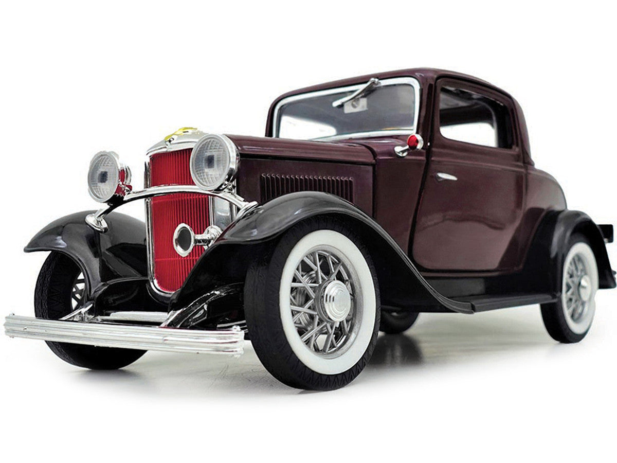 1932 Ford 3-Window Coupe Burgundy with Black Top 1/18 Diecast Model Car by Road Signature-1