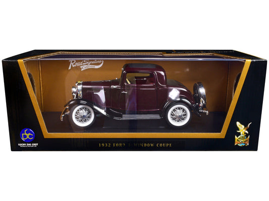 1932 Ford 3-Window Coupe Burgundy with Black Top 1/18 Diecast Model Car by Road Signature-0