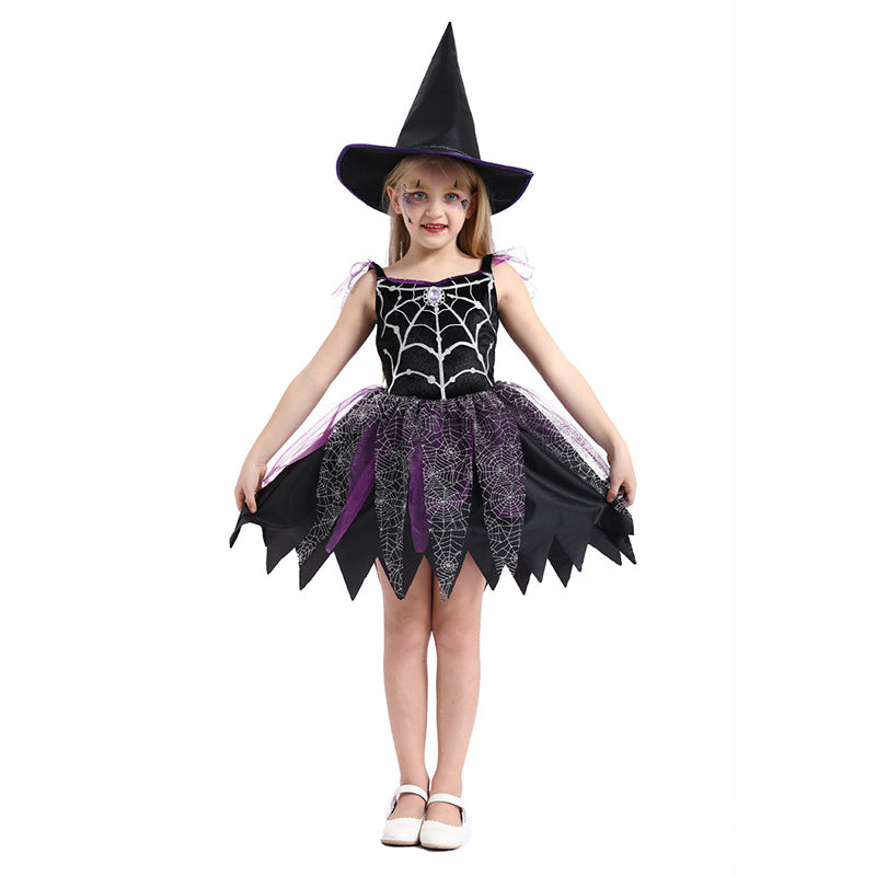 Children's Halloween witch costume by ClaudiaG Home featuring a spooky witch outfit for kids, with a hat, cloak, and accessories.