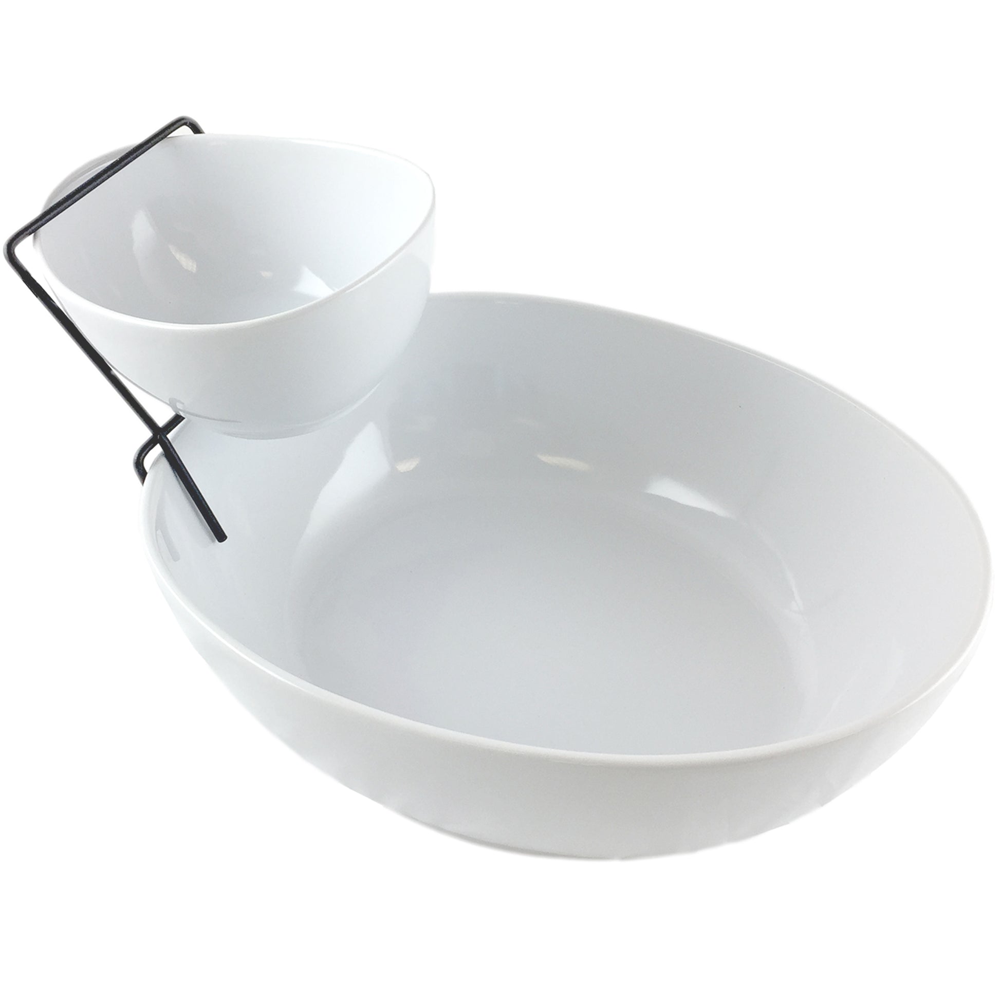 Gibson Elite Gracious Dining 2-tier chip and dip server set on a table, showcasing elegant ceramic tableware for serving snacks.