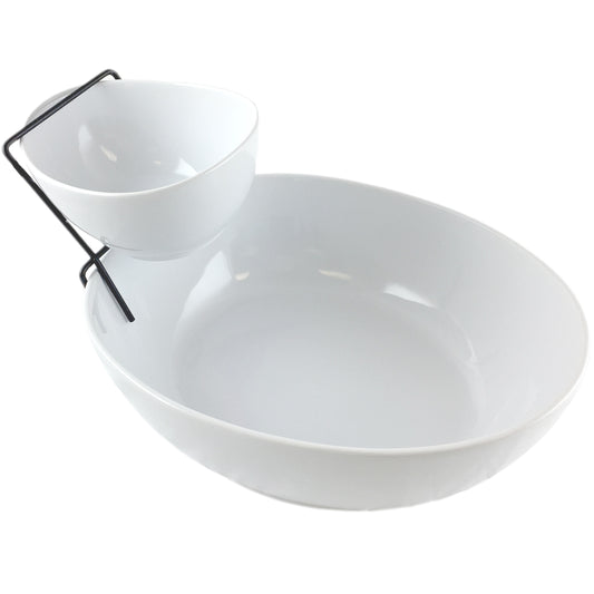 Gibson Elite Gracious Dining 2-tier chip and dip server set on a table, showcasing elegant ceramic tableware for serving snacks.
