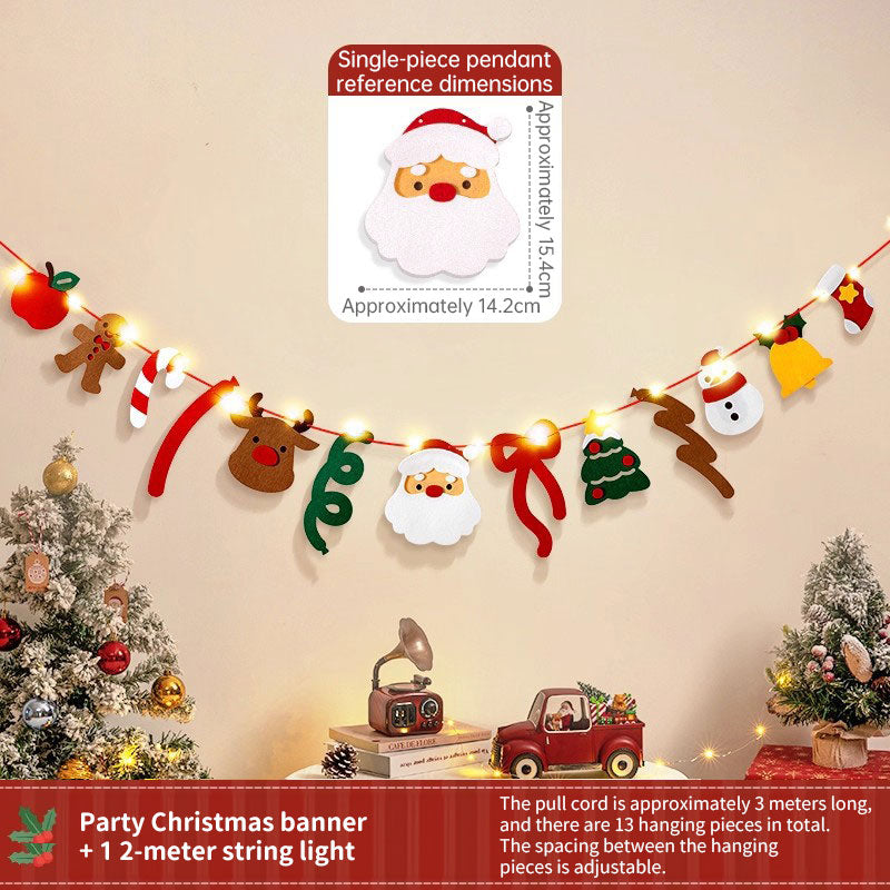 Handmade Pull String Flag Banner, LED String Lights, Christmas Holiday Background Decor