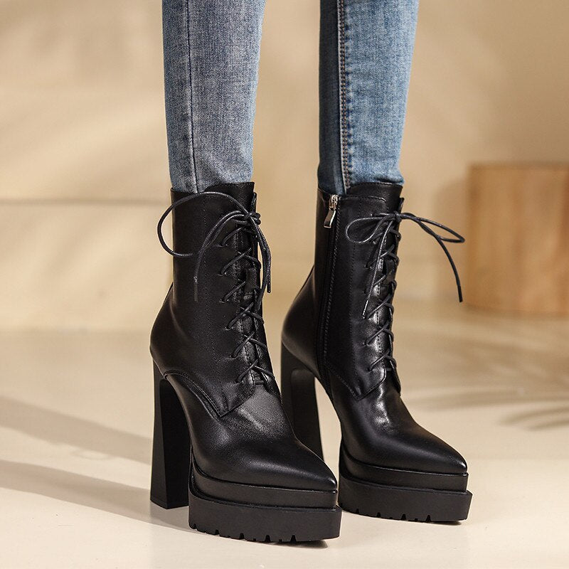 Autumn Winter Women Ankle Boots Elegant Office Ladies Party High Heels Pointed Toe Platforms Genuine Leather Shoes