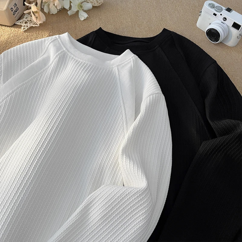 Textured White Long Sleeve T-Shirt for Men, Autumn Casual Youth Oversize Innerwear Crew Neck Top