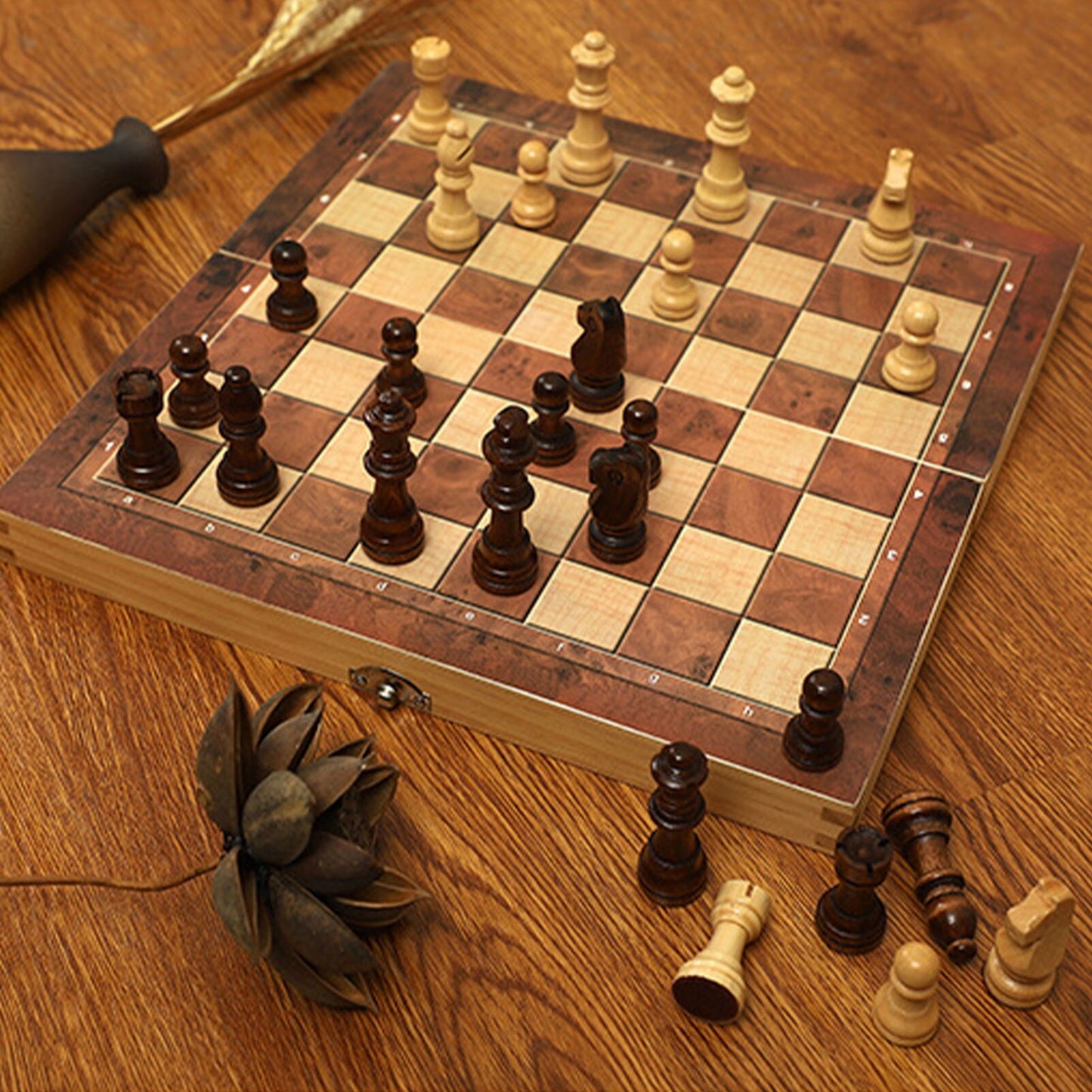 3 In 1 Portable Wooden Foldable Chess Board Set & Checkers & Backgammon Set With Chess Pieces And Carrying Case