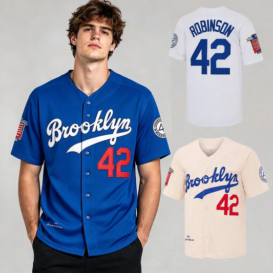 Men's #42 Jackie Robinson Legend Baseball Jersey Blue/White/Beige，Letter Embroidery Baseball Shirt, Fan Holiday Gift