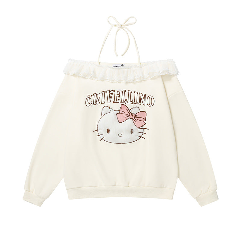 Cute Kitty Cat Off-Shoulder Hoodie for Women Tie Detail, Sweet and Edgy Casual Top