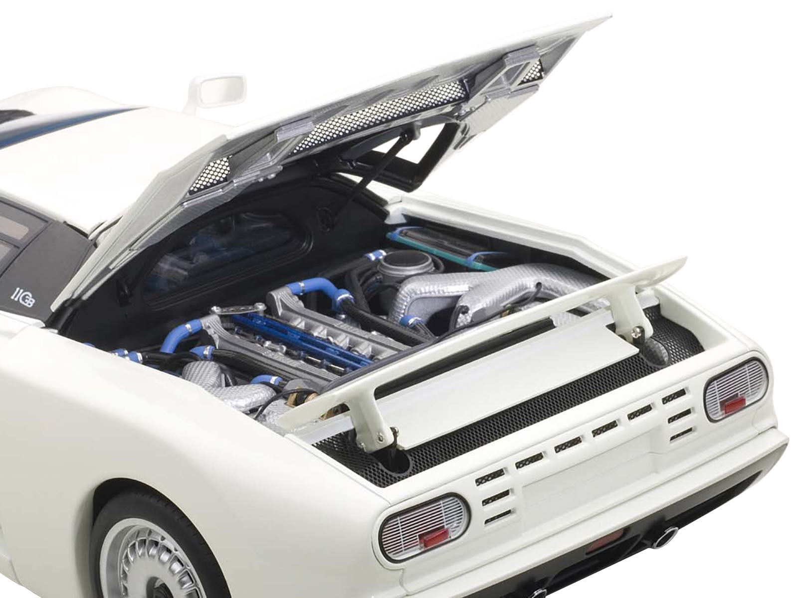 White Bugatti EB110 GT 1/18 diecast model car by Autoart, detailed scale replica showing exterior and interior features.