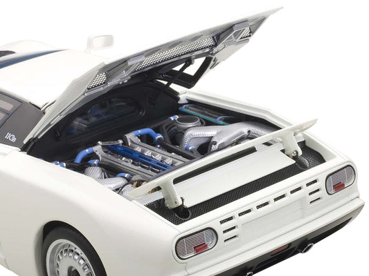 White Bugatti EB110 GT 1/18 diecast model car by Autoart, detailed scale replica showing exterior and interior features.