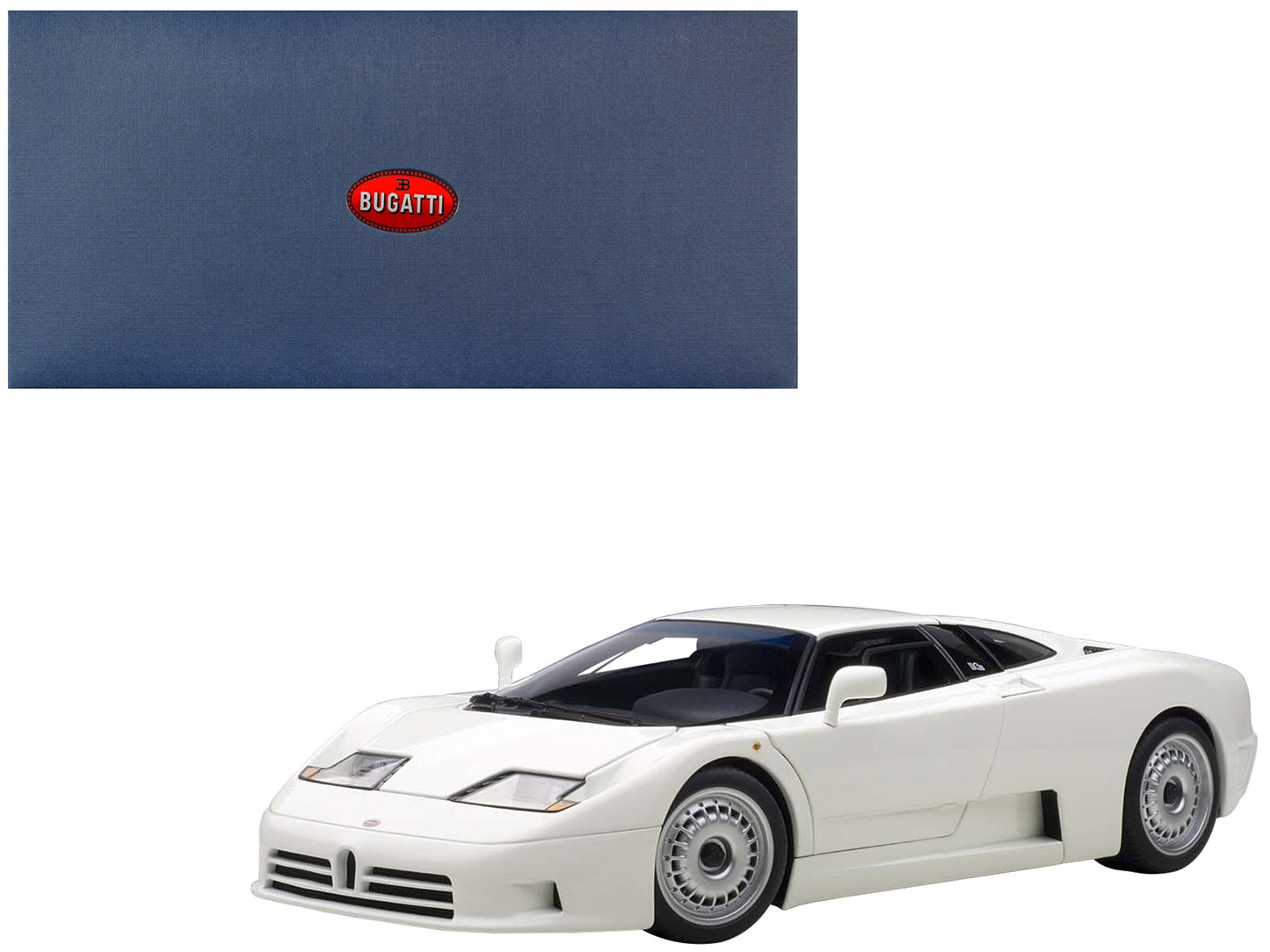 White Bugatti EB110 GT 1/18 diecast model car by Autoart, detailed miniature replica of the classic supercar.