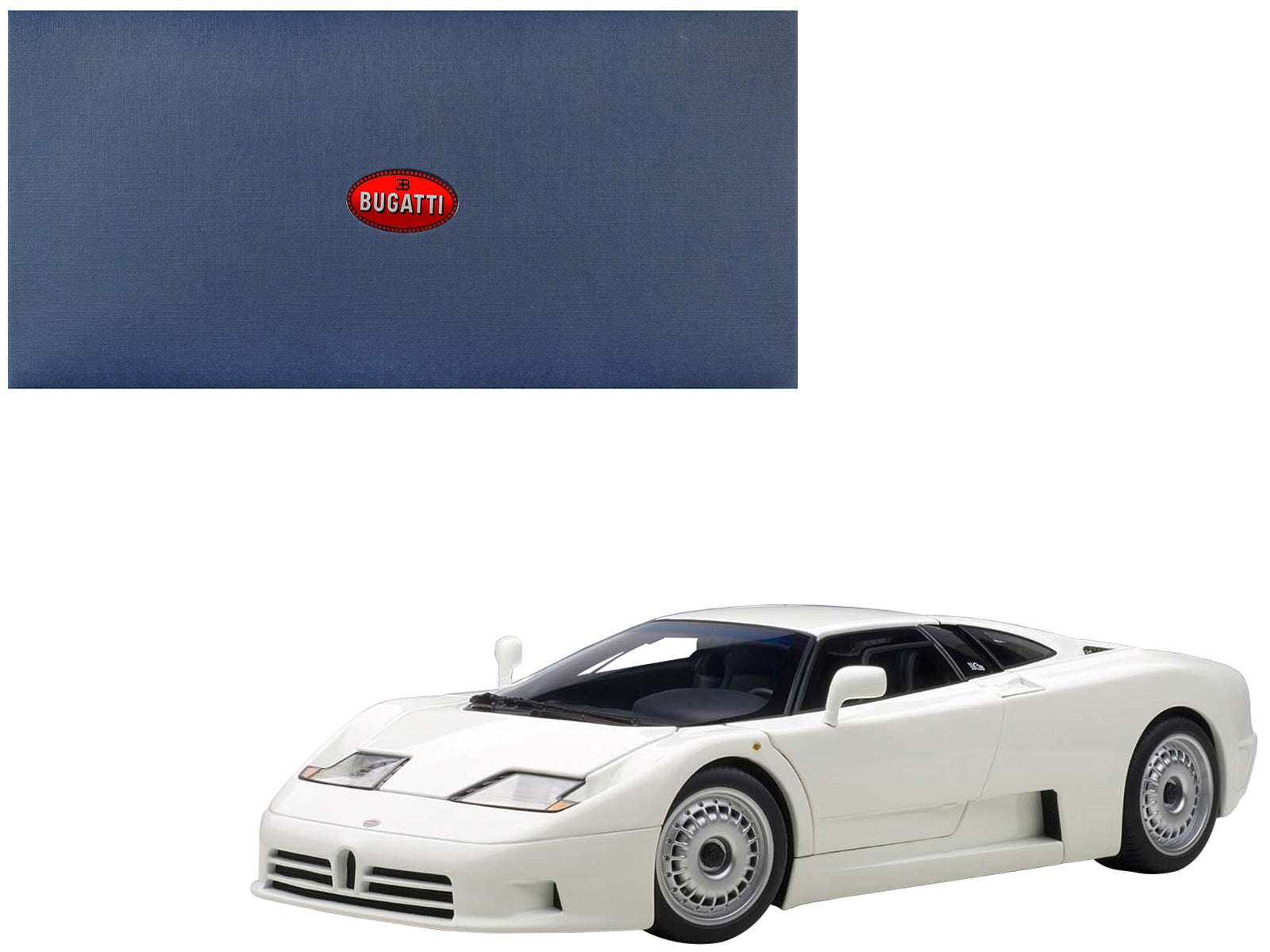 White Bugatti EB110 GT 1/18 diecast model car by Autoart, detailed miniature replica of the classic supercar.
