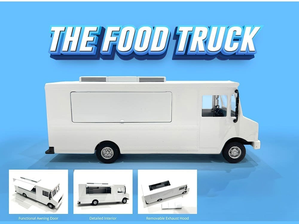 White diecast food truck model with graphics, 1/64 scale by American Diorama, detailed miniature replica.
