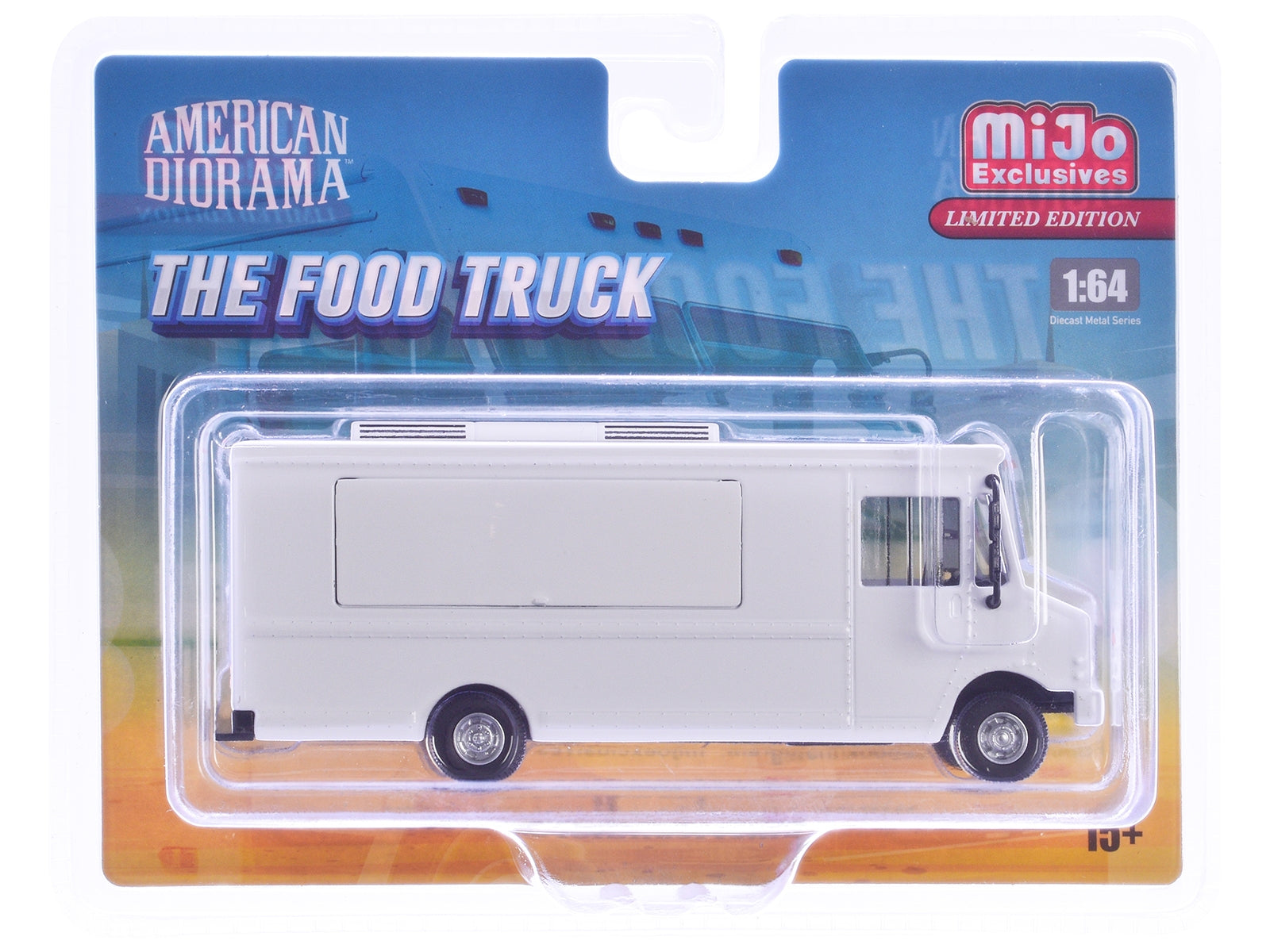 White diecast food truck model with graphics, 1/64 scale by American Diorama, detailed miniature vehicle for display.