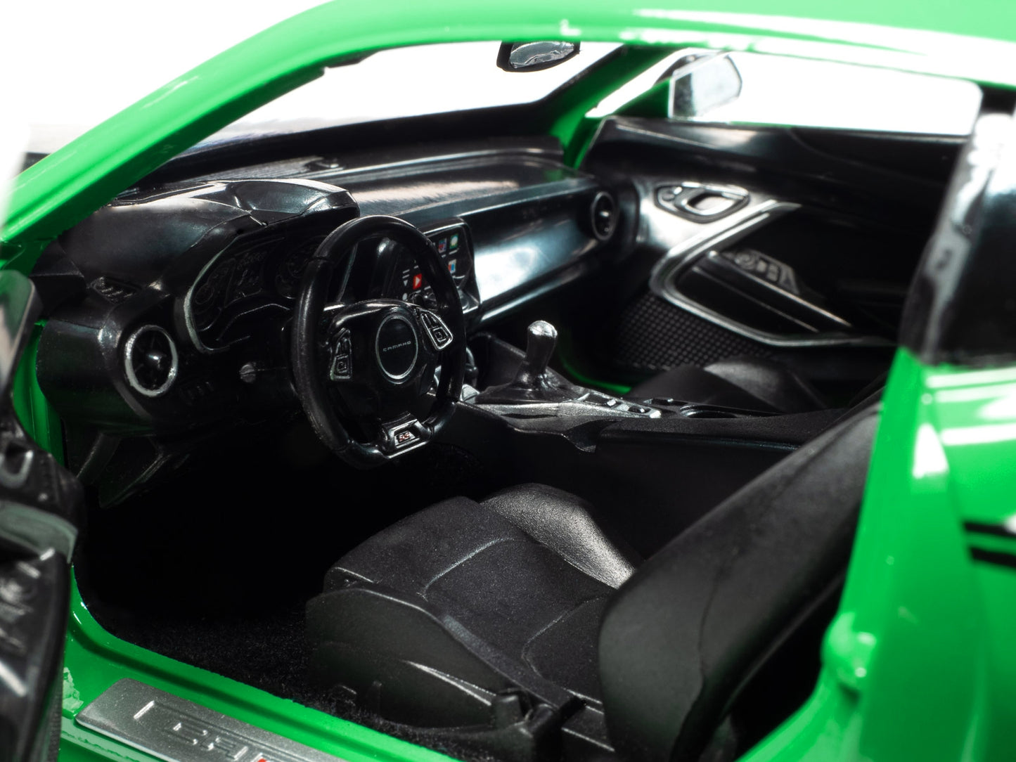 2017 Chevrolet Nickey Camaro SS 1LE diecast model by Auto World, Krypton Green with black stripes and matte black hood.