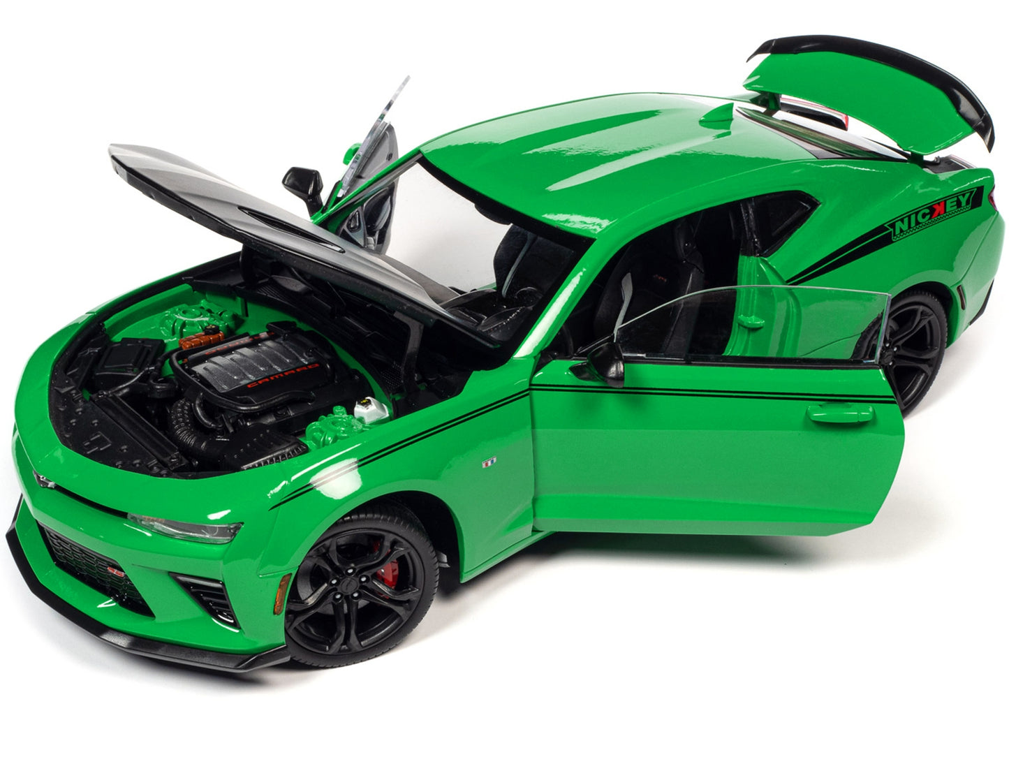 2017 Chevrolet Nickey Camaro SS 1LE diecast model car by Auto World, Krypton Green with matte black hood and black stripes.