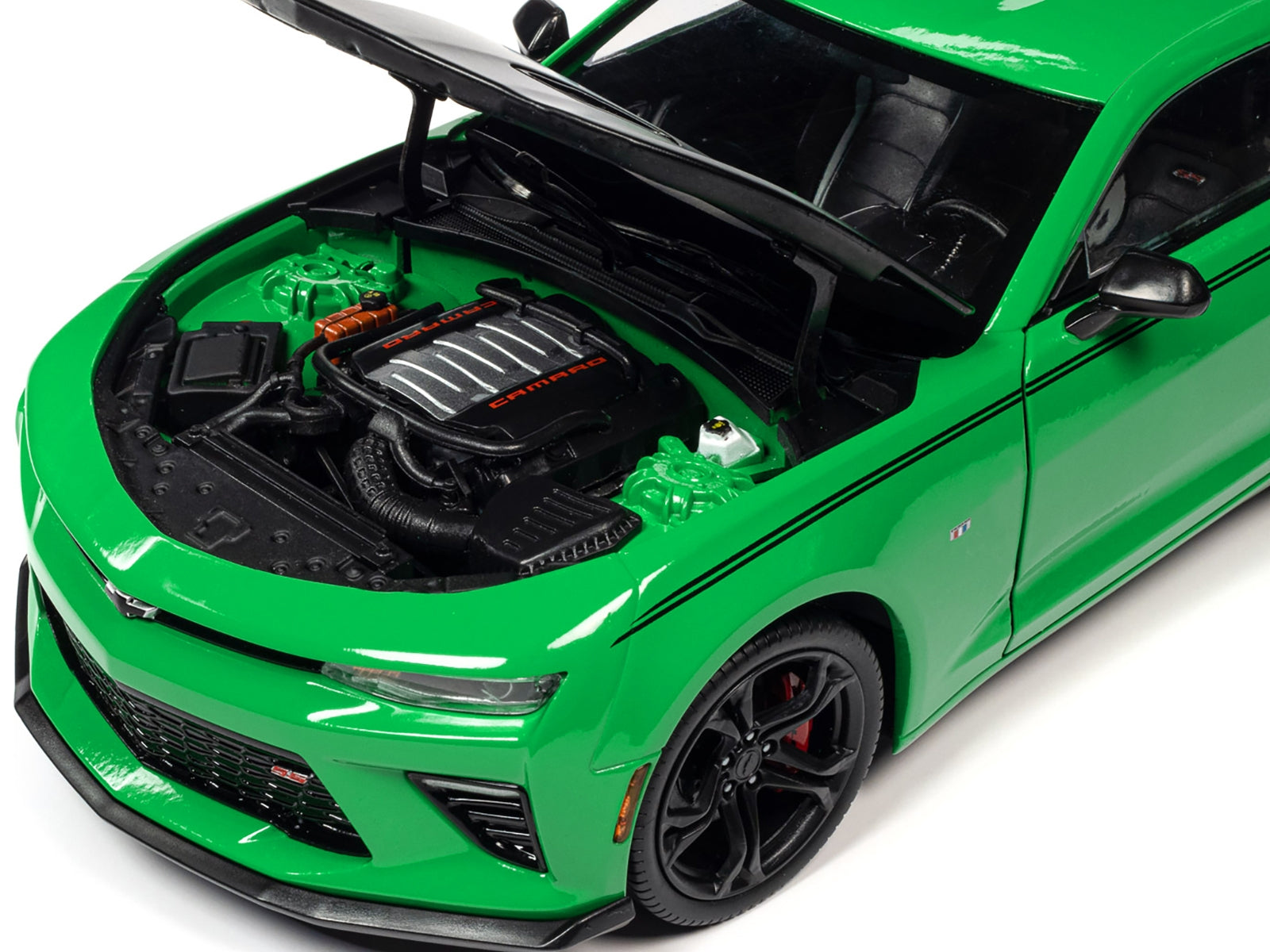 2017 Chevrolet Nickey Camaro SS 1LE diecast model car by Auto World, Krypton Green with matte black hood and black stripes.
