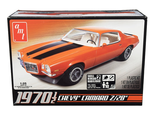 AMT Skill 2 Model Kit of 1970 1/2 Chevrolet Camaro Z/28 in 1/25 scale, showing detailed plastic model parts and assembly.