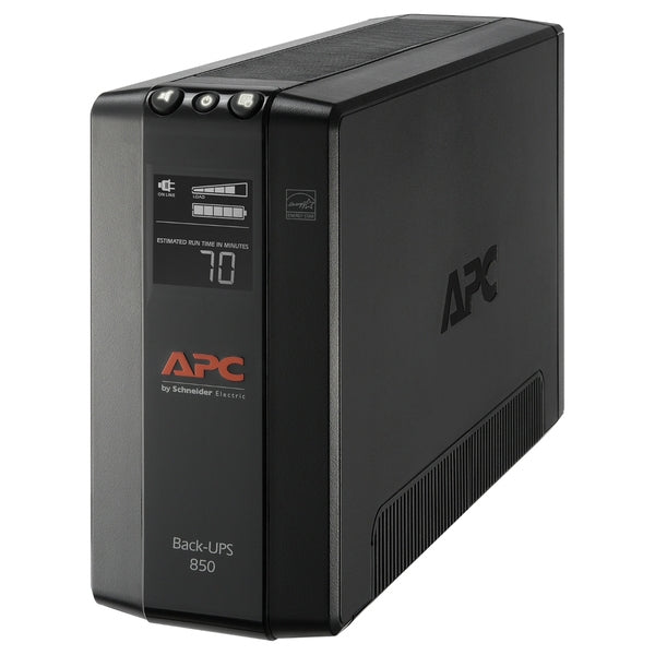 APC BX850M Back-UPS Pro backup and surge protector with 8 outlets, compact design, 510W capacity, ideal for home or office use.