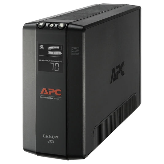 APC BX850M Back-UPS Pro backup and surge protector with 8 outlets, compact design, 510W capacity, ideal for home or office use.