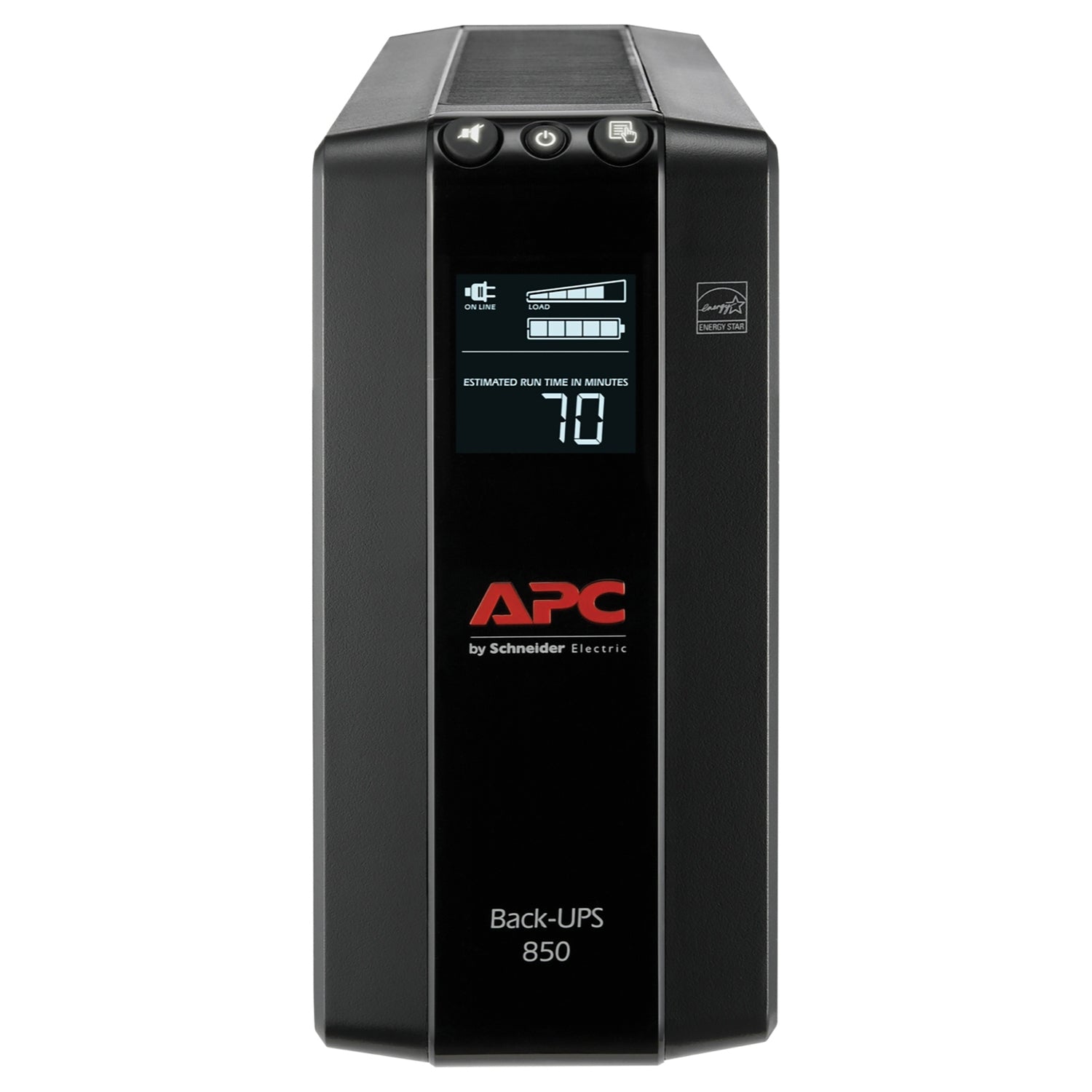 APC BX850M Back-UPS Pro 8-outlet battery backup and surge protector, compact UPS system with 510W capacity, black.