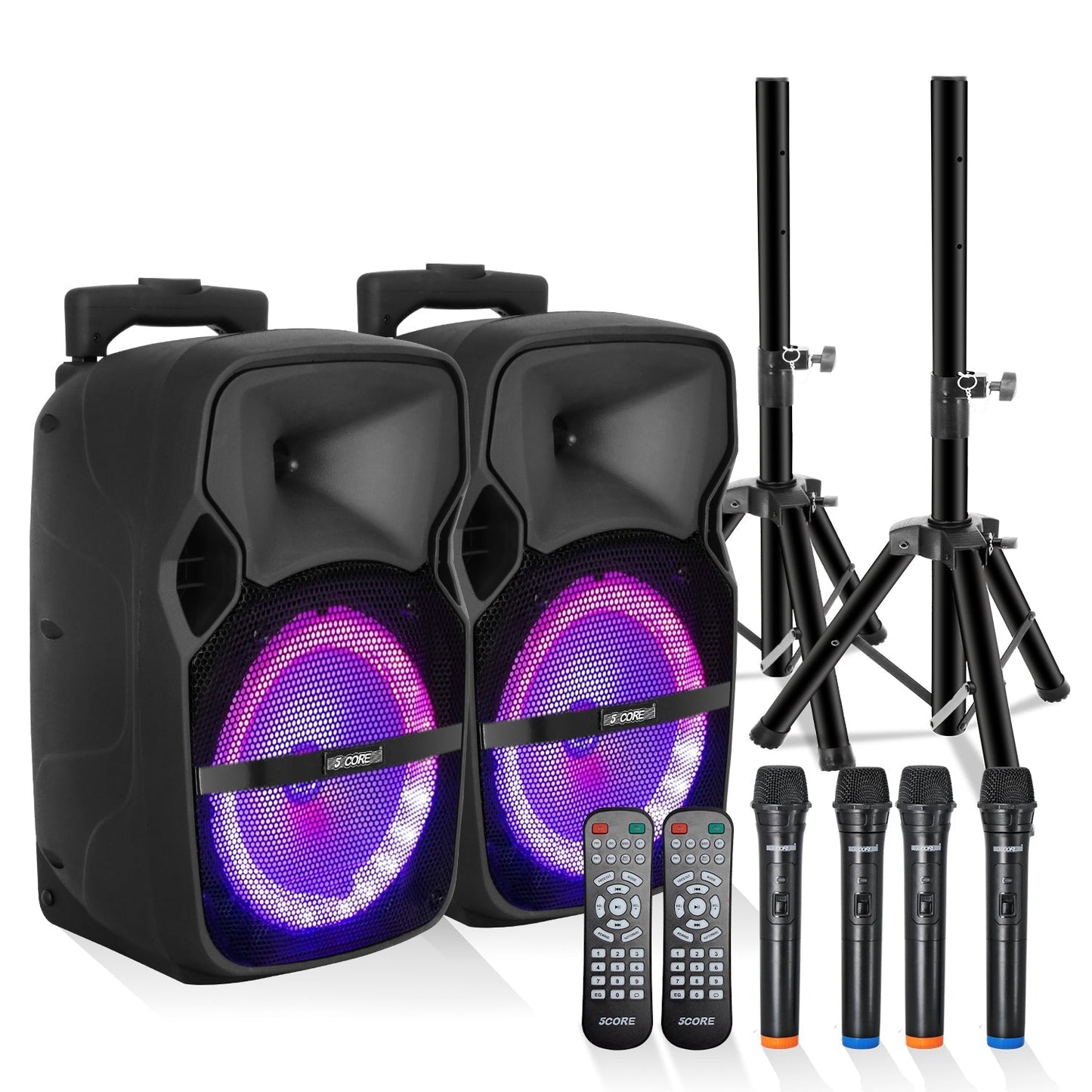5 CORE TWS Pair Bluetooth Party Speakers Portable Karaoke PA System Rechargeable Loud Speaker + 2X Tripod Stand 4X Wireless Mics LED Light Active Home 8 2-MIC 2PCS-0