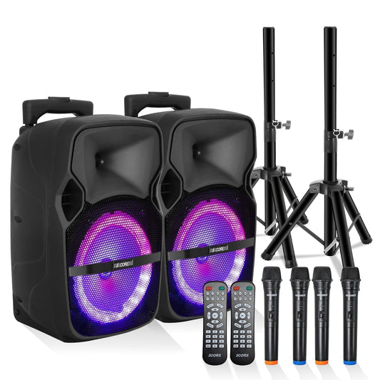 5 CORE TWS Pair Bluetooth Party Speakers Portable Karaoke PA System Rechargeable Loud Speaker + 2X Tripod Stand 4X Wireless Mics LED Light Active Home 8 2-MIC 2PCS-0