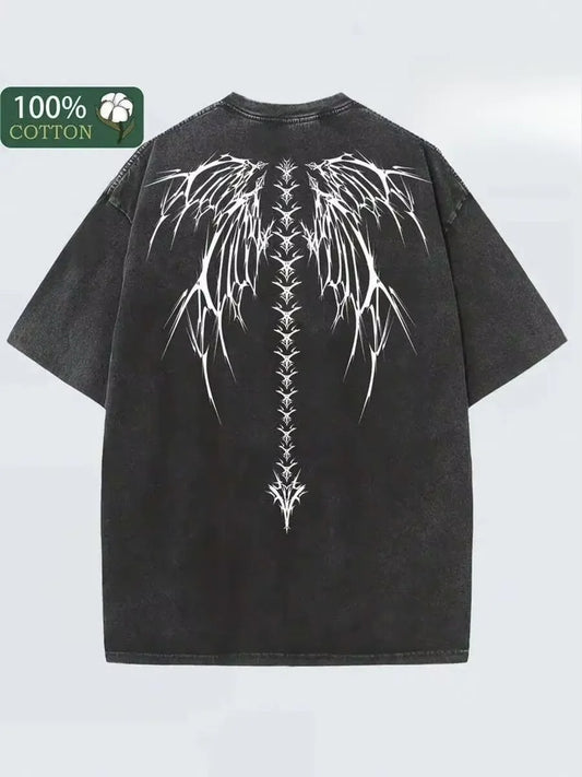 Black Vintage Washed Batik Cotton Oversized T-Shirt, White Gothic Wings Back Print Unisex Soft Loose Comfort Streetwear Graphic Tee