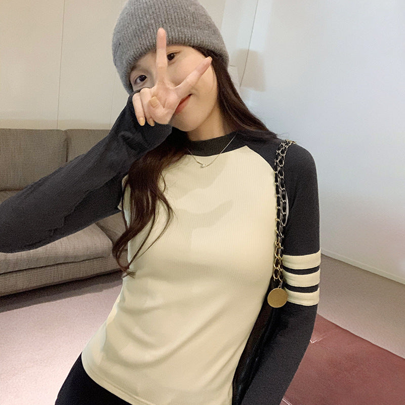Color-blocked Shoulder Sleeve Short Crop Long Sleeve T-Shirt for Women