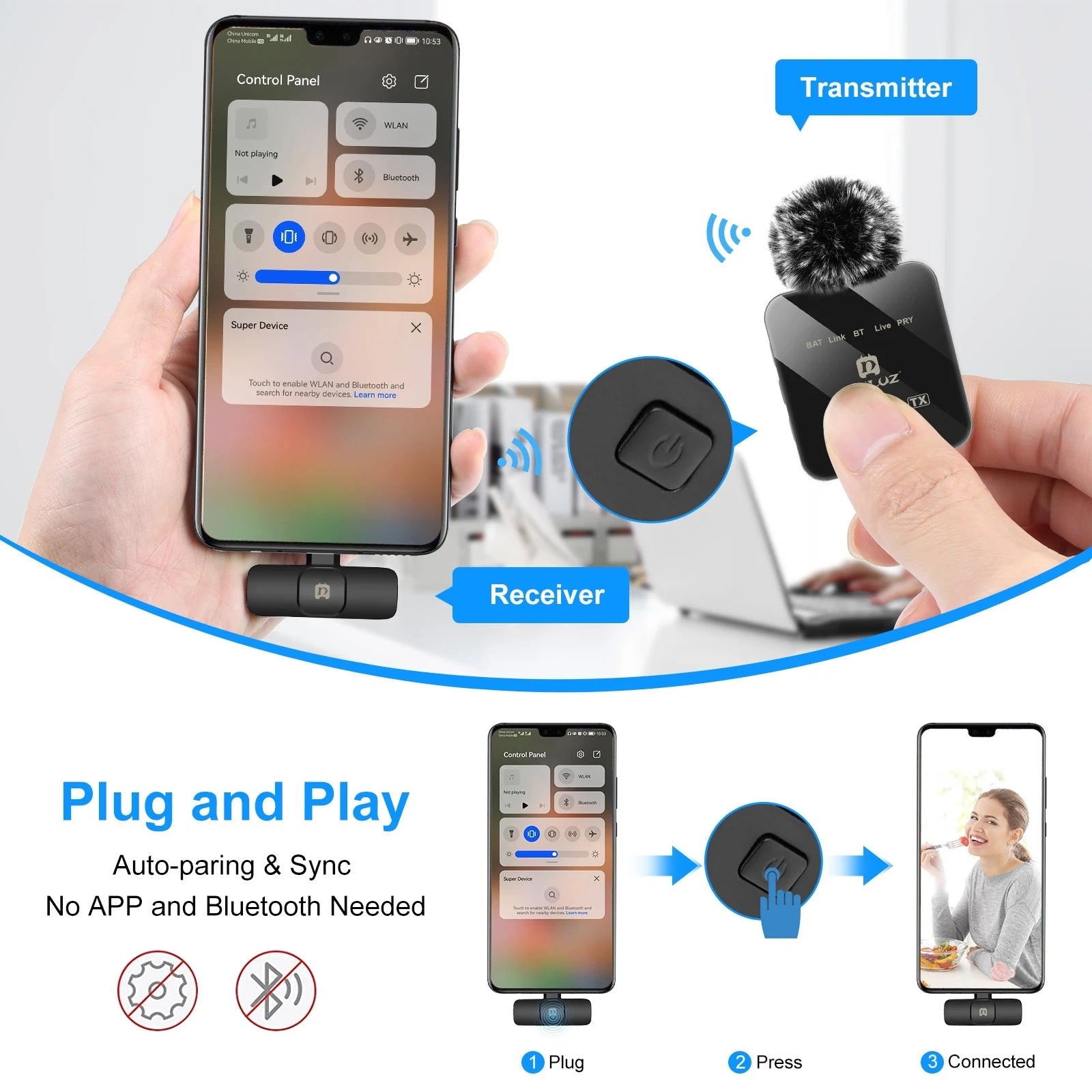 eprolo wireless lavalier microphone for mobile phones, outdoor live recording with noise reduction and 1-to-2 wireless microphone system