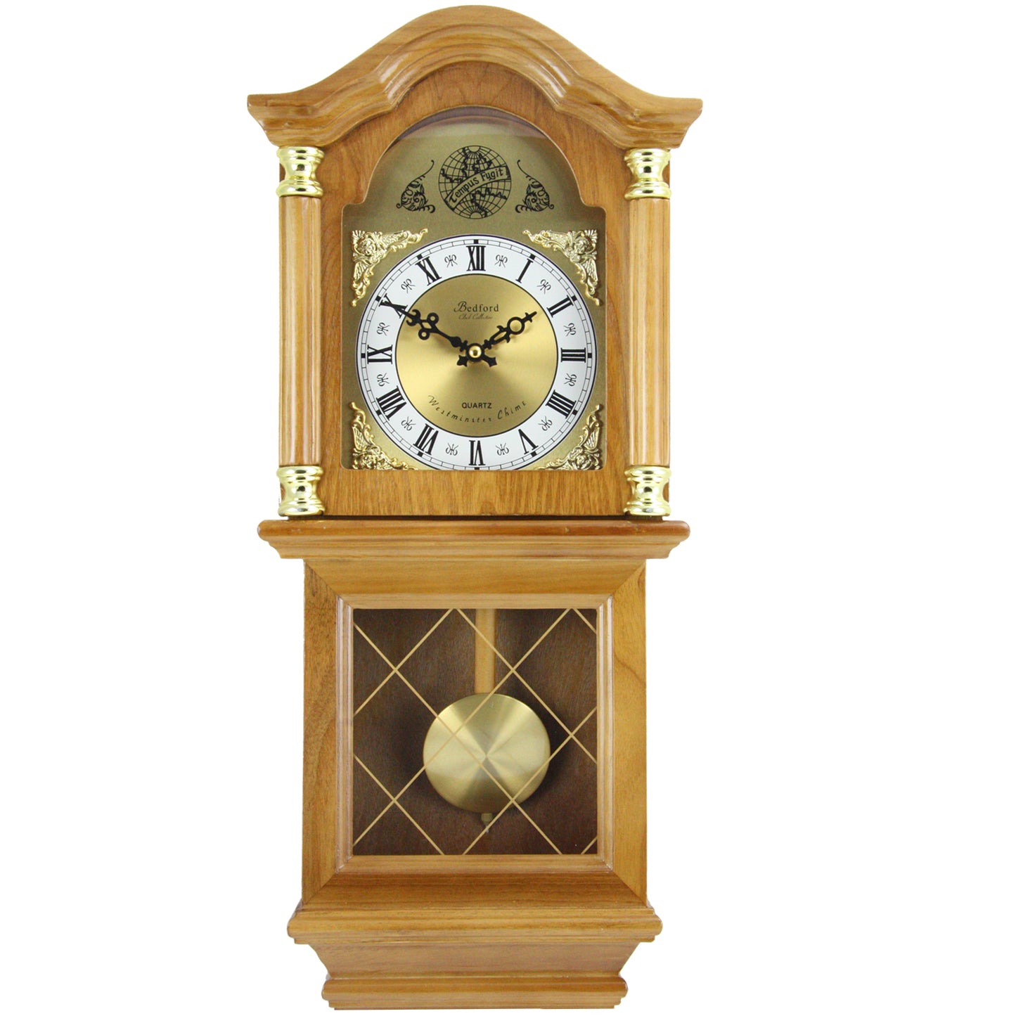 Bedford Clock Collection Classic 26-inch wall clock with golden oak finish, featuring a traditional round design and black clock hands.