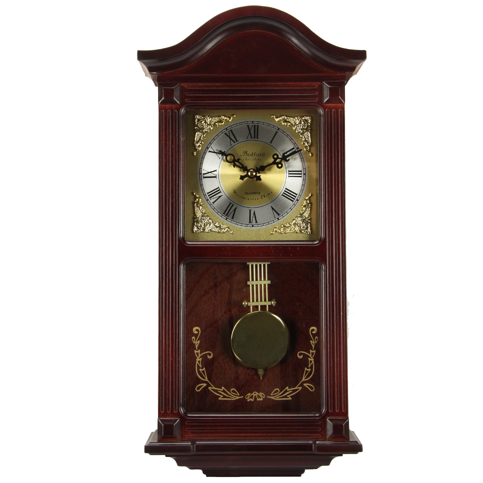 Bedford Clock Collection 22-inch wall clock with mahogany cherry oak wood finish, brass pendulum, and four chimes.